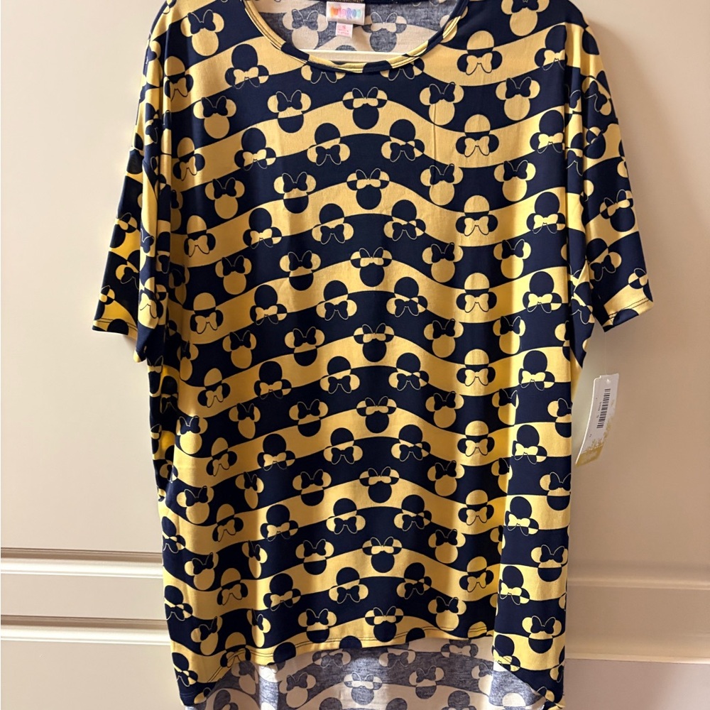 LuLaRoe Yellow and Navy Minnie Bow Irma Top